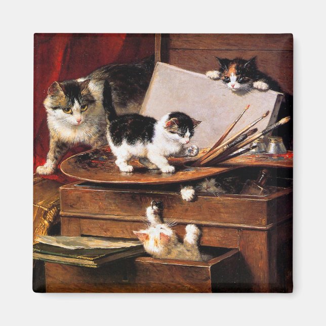 Mor Cat och Kittens på Bord Magnet (Framsidan)
