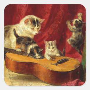 Mor Cat och Kittens spelar med Guitar Fyrkantigt Klistermärke