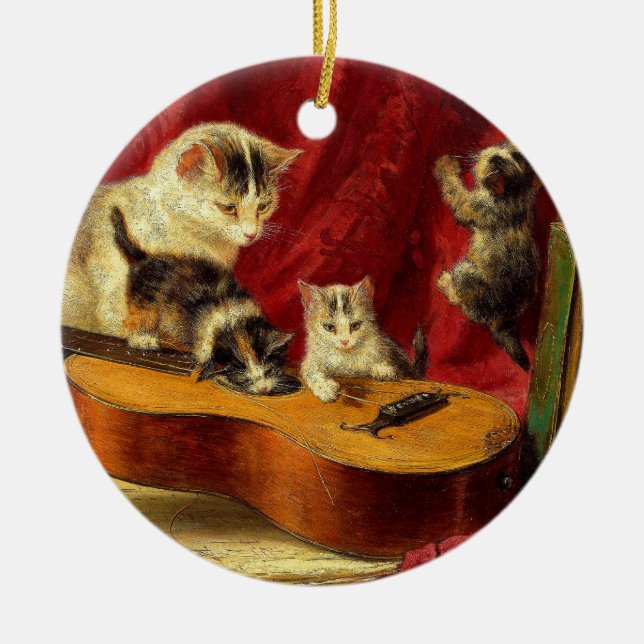 Mor Cat och Kittens spelar med Guitar Julgransprydnad Keramik (Framsidan)