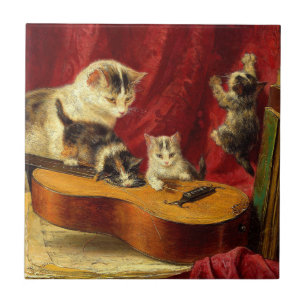 Mor Cat och Kittens spelar med Guitar Kakelplatta