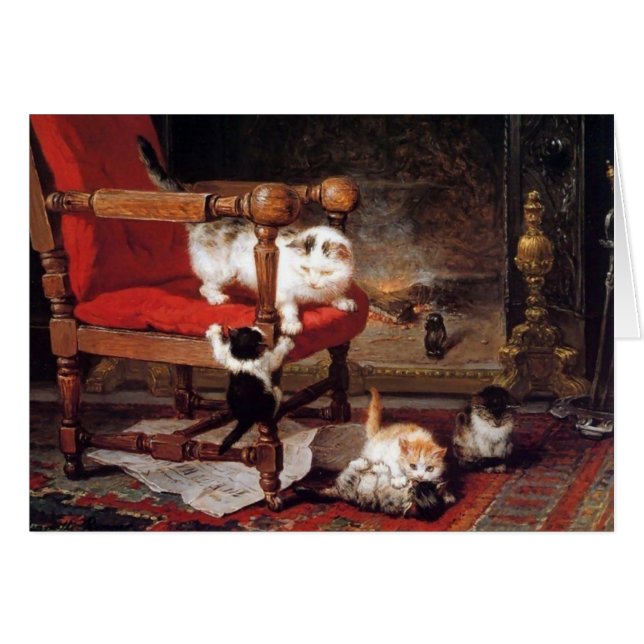 MOR CAT PLAYS MED KITTENS Mors dag Hälsningskort (Framsidan Horizontal)