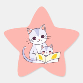 Mor Cat Reading to her Kitten Star Sticker Stjärnformat Klistermärke
