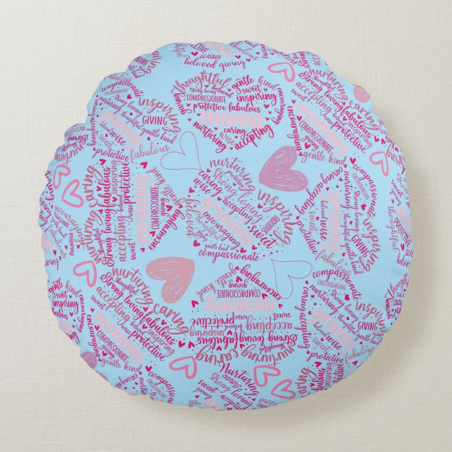 Mor-dagarnas hjärtan 01.Rosa Lblue BG Rund Kudde (Framsidan)
