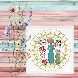 Mor Dotter Duo Röd ros Blommigt Golden Gräns Bricka