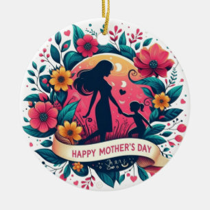 Mor & Dotter Silhuett Blommig Mors Dag Julgransprydnad Keramik