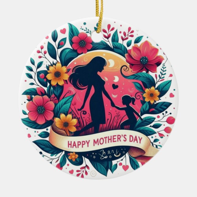 Mor & Dotter Silhuett Blommig Mors Dag Julgransprydnad Keramik (Framsidan)