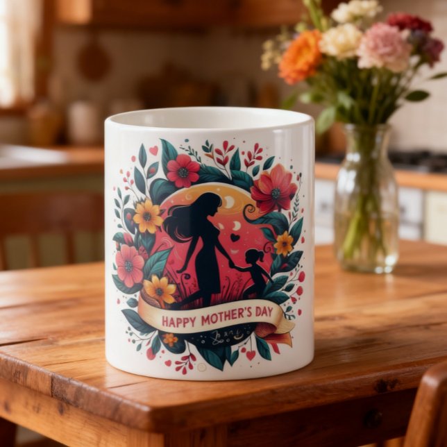 Mor & Dotter Silhuett Blommig Mors Dag Kaffemugg (Skapare uppladdad)