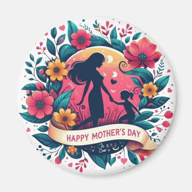 Mor & Dotter Silhuett Blommig Mors Dag Magnet (Framsidan)