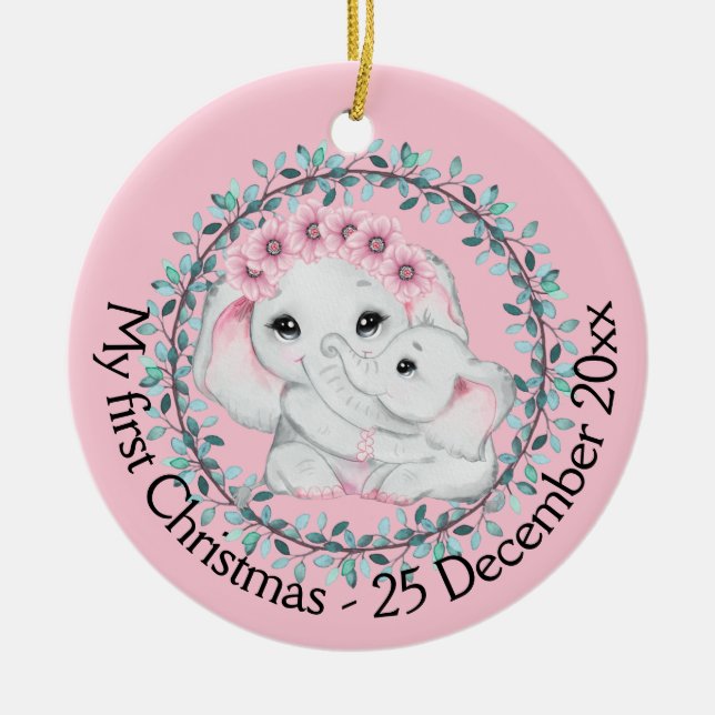 Mor dotters första julfoto av elefant julgransprydnad keramik (Framsidan)