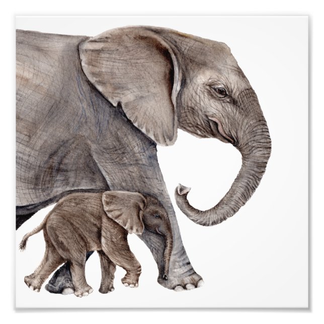 Mor Elephant med Baby Elephant Photo Art Print Fototryck (Framsidan)