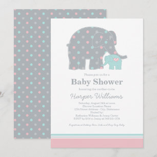 Mor Elephant Rosa and Aqua Dots Baby Shower Inbjudningar