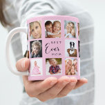 Mor fotokollage rosa kaffemugg<br><div class="desc">En gåva till din mor och fira hennes liv med 14 foton. Svart text: Bästa Mamma någonsin. Anpassa och använda dina egna foton av henne,  barn,  make,  husdjur,  vänner. Elegantens rosa - bakgrund. Perfekt som Mors dag-gåva,  födelsedagar och jul.</div>