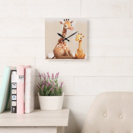 Mor Giraffe med Baby vattenfärg Fyrkantig Klocka