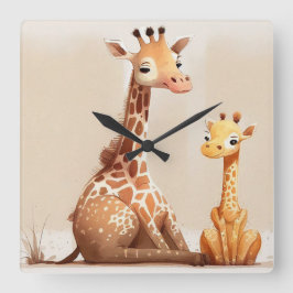 Mor Giraffe med Baby vattenfärg Fyrkantig Klocka