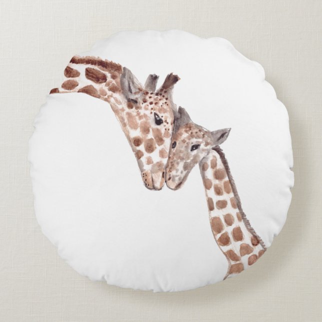 Mor giraffe med baby vattenfärgen afrikansk rund kudde (Framsidan)