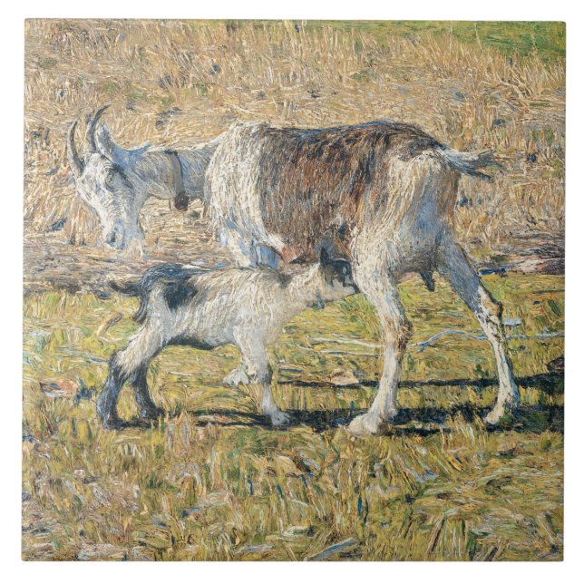Mor Goat med sin Young Kid (av Segantini) Kakelplatta (Framsidan)