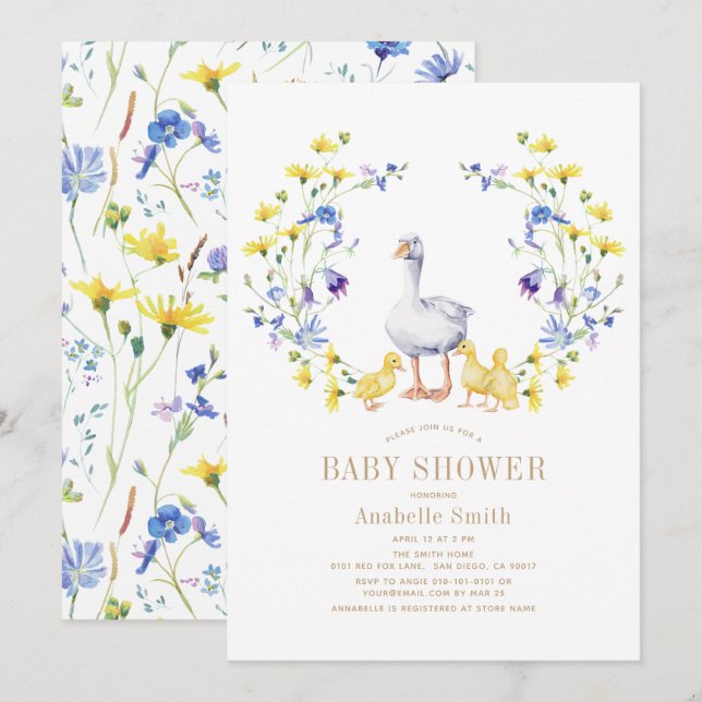 Mor Goose Nursery Rhyme Blommigt Girl Baby Shower Inbjudningar (Fram/baksida)