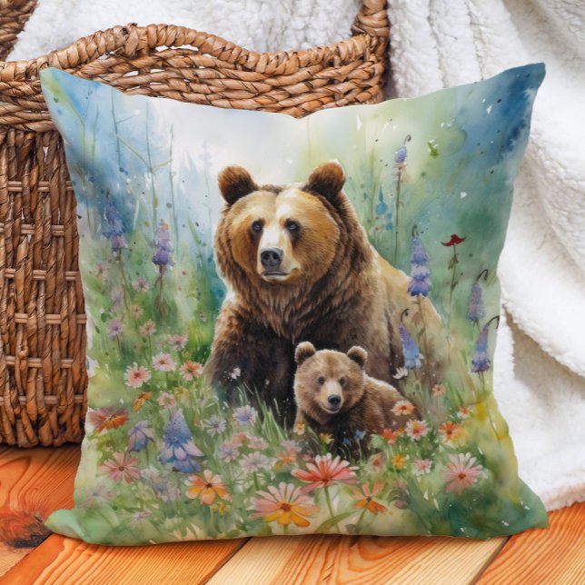 Mor Grizzlybjörn Unge Blommor Målning Kudde (Mother grizzly bear and cub painting pillow)