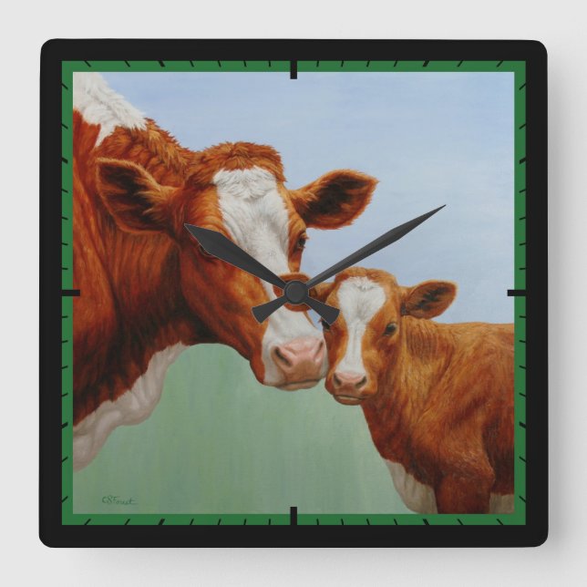 Mor Guernsey Cow och Cute Calf Fyrkantig Klocka (Framsida)