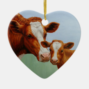 Mor Guernsey Cow och Cute Calf Julgransprydnad Keramik