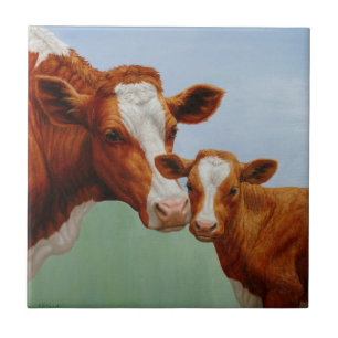 Mor Guernsey Cow och Cute Calf Kakelplatta
