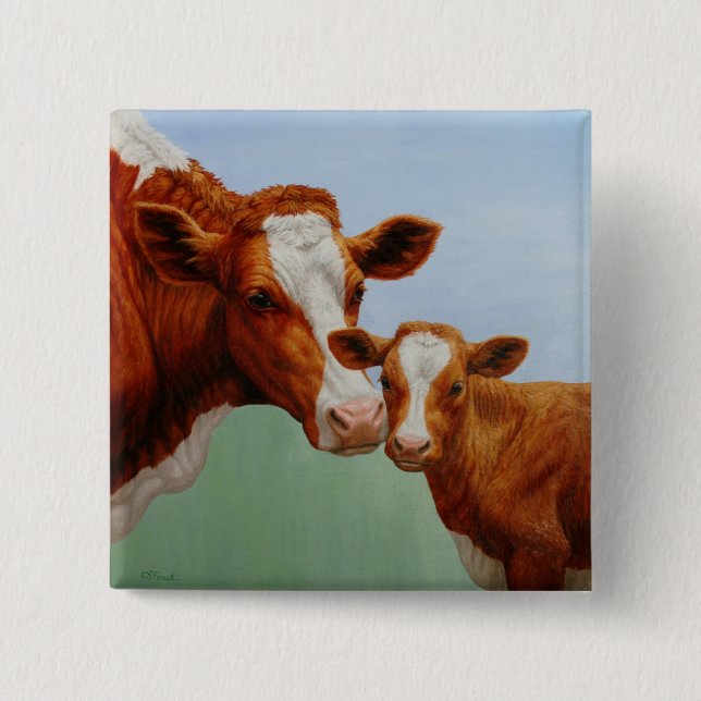 Mor Guernsey Cow och Cute Calf Knapp (Framsida)