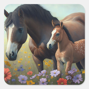 Mor Horse and Foal in a Fält of Flowers Fyrkantigt Klistermärke