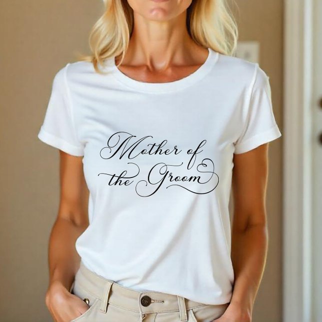 Mor i Groom - Elegant Script Brudens sida T Shirt (Mother of the Groom Tee)