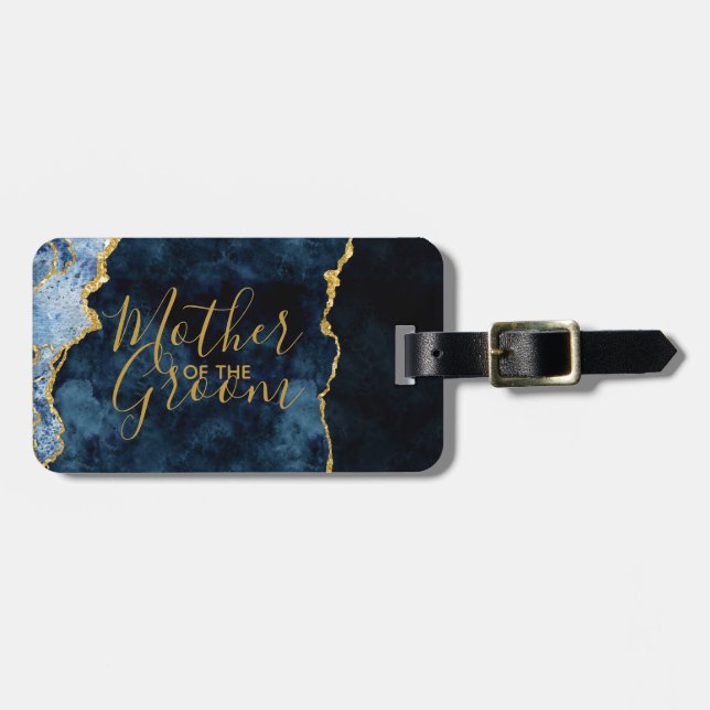 Mor i Groom, marinagerat med blå och guldfärgad ol Bagagebricka (Horisontell Framsida)