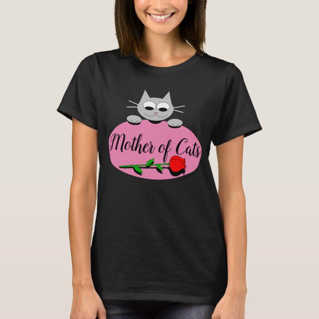Mor i Katter med Röd ros Cat Lover Black T Shirt (Framsida)