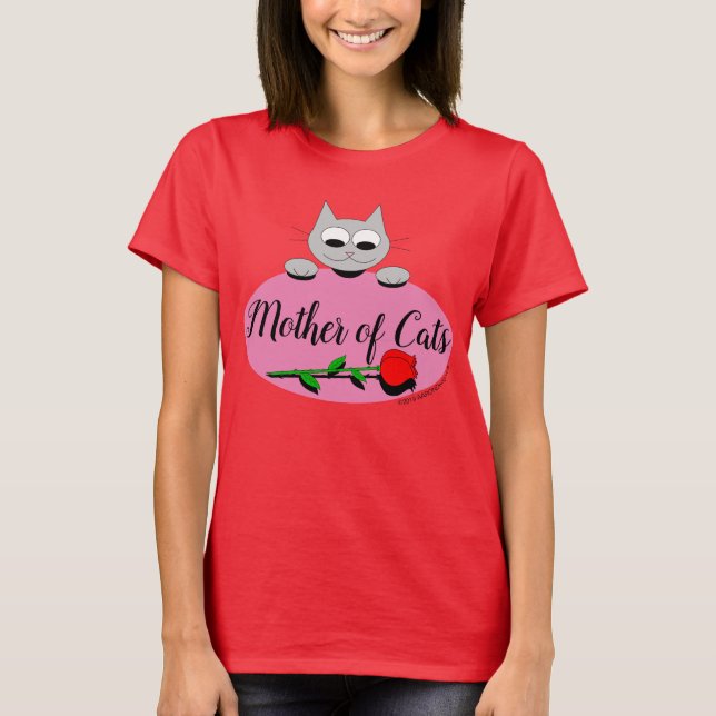 Mor i Katter med Röd ros Cat Lover T Shirt (Framsida)