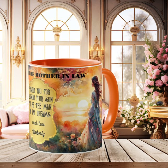 Mor-i-Law Tack Bröllop Kaffemugg (Mother-in-law Thank You wedding mug featuring a retro watercolor painting with a lady at sunset)