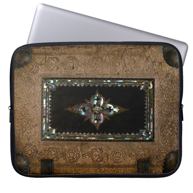 Mor i Pearl Inlay Old Leather Bok Cover Laptop Sleeve (Framsidan)