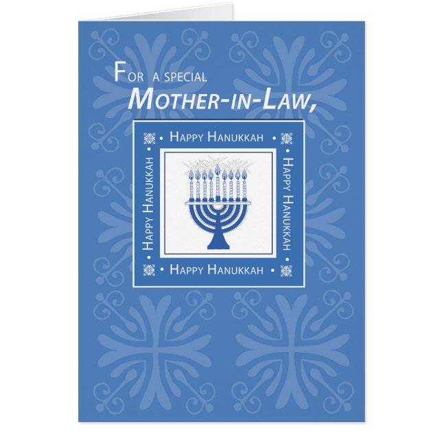 Mor-in-Law Hanukkah Önskemål Blue Menorah Hälsningskort (Framsidan)