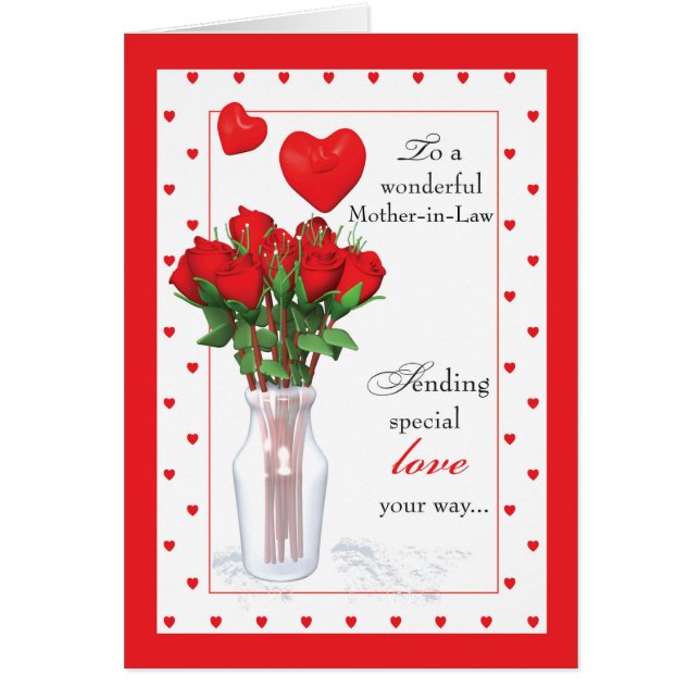 Mor-in-Law Valentine Day Röd ros Hearts Hälsningskort (Framsidan)