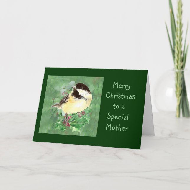 Mor jul Chickadee Bird Holly Nature Art Helgkort (Framsida)