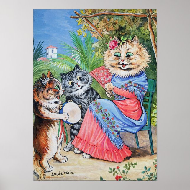Mor Katt med fläkt och kattungar, Louis Wain Poster (Framsidan)