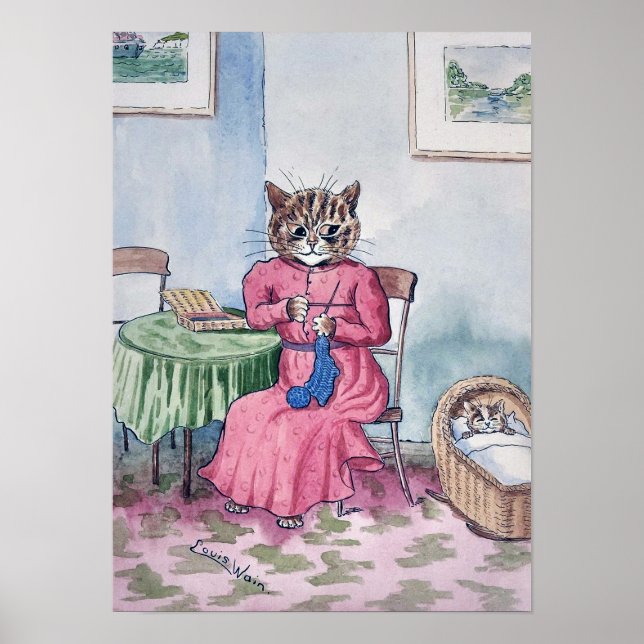 Mor knullar med kattunge i vagga, Louis Wain Poster (Framsidan)