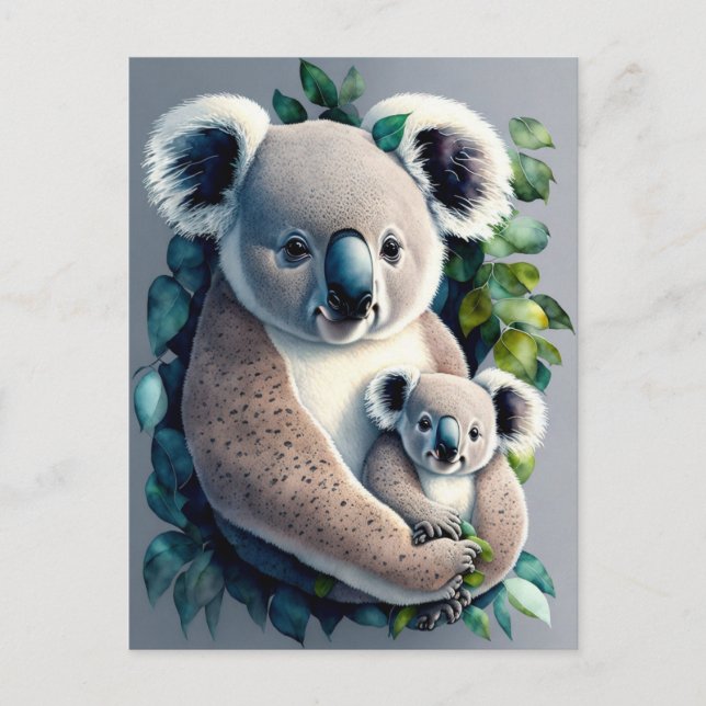 Mor Koala Bear och baby, vattenfärg Vykort (Framsida)
