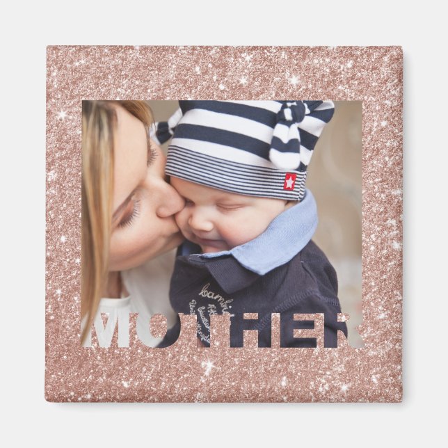 Mor Mamma Foto Mall Rosa Guld Falskt Glitter Magnet (Framsidan)