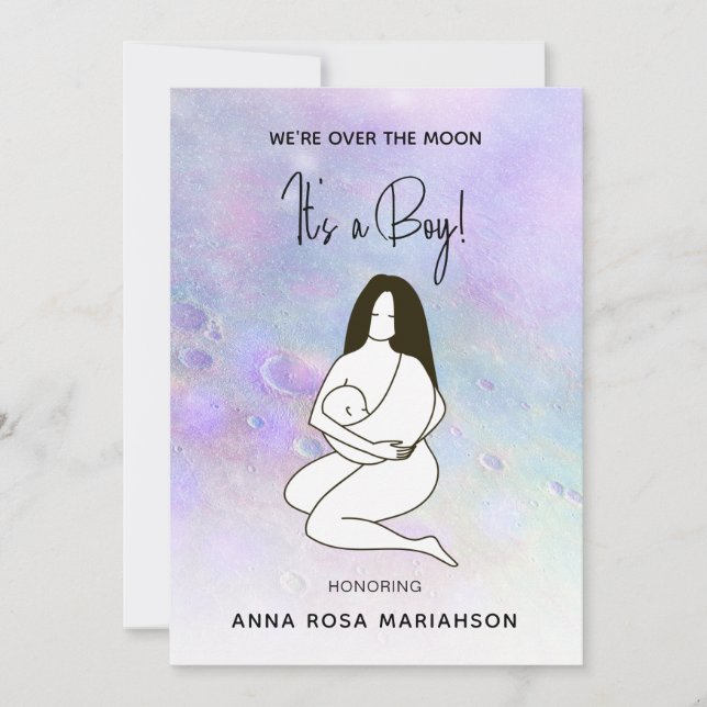 * Mor Mamma Holding Baby Måne Crater Shower Boy Inbjudningar (Framsida)