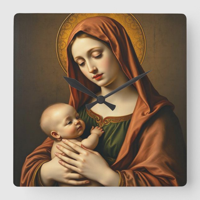 Mor Mary och Baby Jesus Wall Clock Fyrkantig Klocka (Framsida)