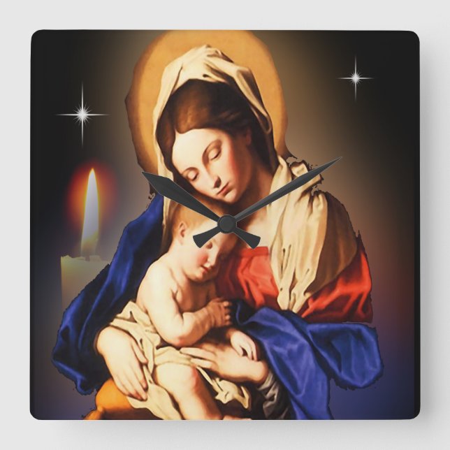 Mor Mary och Jesus Fyrkantig Klocka (Framsida)