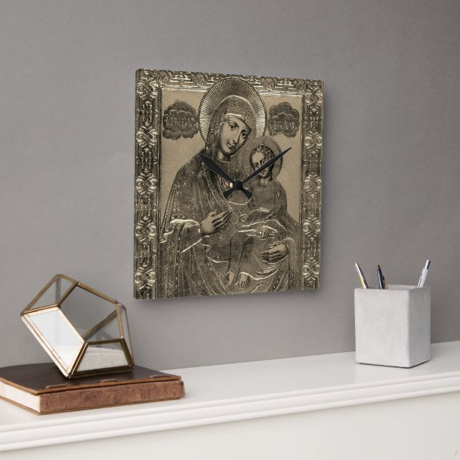 Mor Mary och Jesus Kristus Child Silver Guld Fyrkantig Klocka (Kontor)
