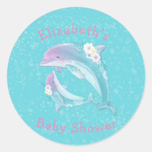 Mor och Baby Dolphin Girl Baby Shower Monogram Runt Klistermärke