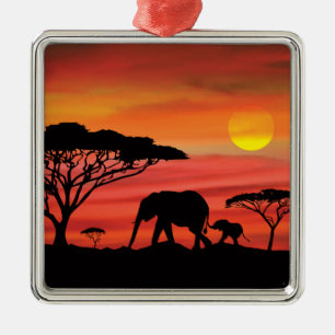 Mor och Baby Elephant i Serengeti Julgransprydnad Metall