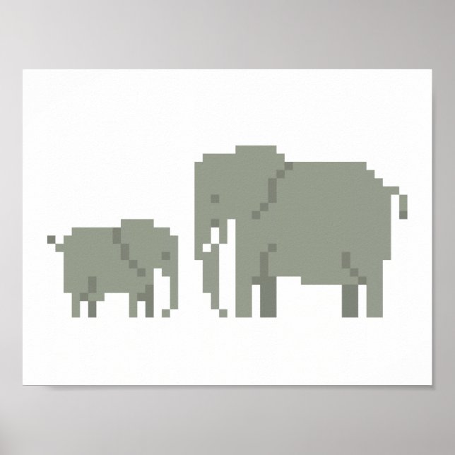 Mor och Baby Elephant Pixel Art Poster (Framsidan)