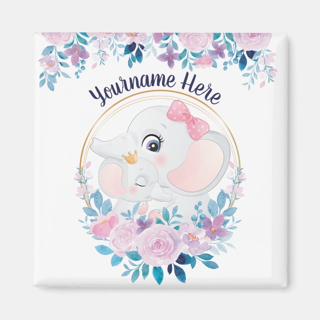 Mor och Baby Elephant Rosa  Flower WAN Magnet (Framsidan)