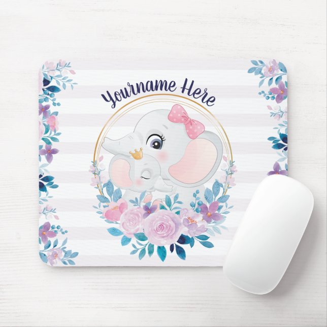 Mor och Baby Elephant Rosa  Flower WAN Musmatta (Med mus)