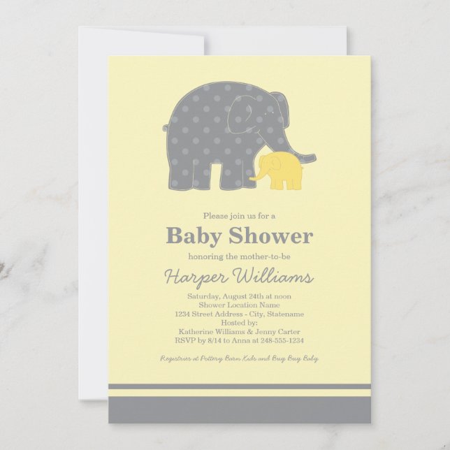 Mor och Baby Elephant Shower Gult och Grått Inbjudningar (Framsida)